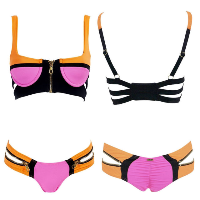 F4308  Beach Bunny Swimwear Neon Pink Color Block Push-Up Top